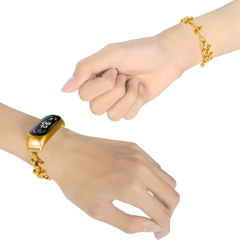 For Xiaomi Mi Band 7 Bead Decor Smartwatch Strap Replacement Hollow Out Watch Strap Metal Bracelet Strap - Gold