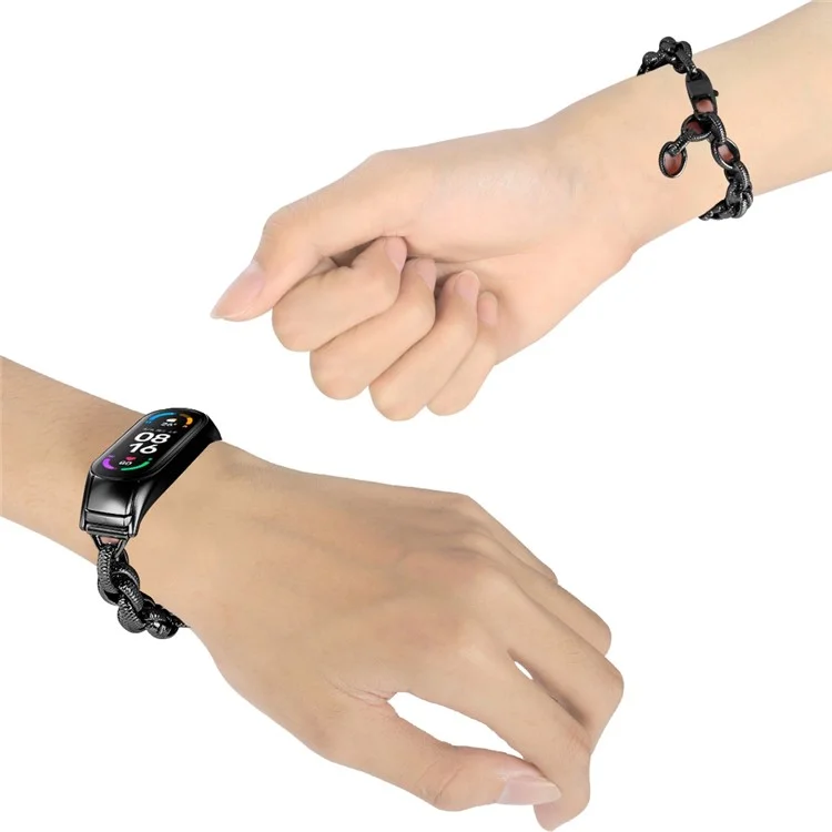 Metal Watch Strap for Xiaomi Mi Band 7, Wave Cowboy Chain Hollow Out Bracelet Replacement Wrist Band - Black