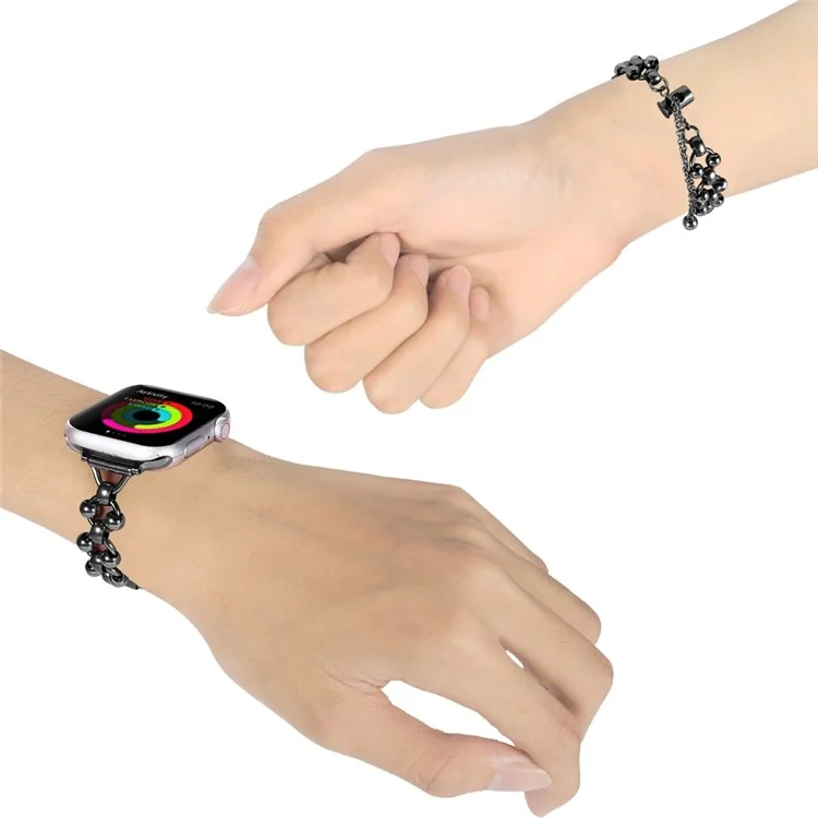 For Apple Watch Series 10 46mm / Ultra 2 Ultra 49mm /  Series 9 8 7 45mm / 6 5 4 SE (2023) SE (2022) SE 44mm / 3 2 1 42mm Metal Beaded Band Chain Style Watch Strap Bracelet - Black