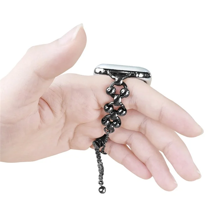 For Apple Watch Series 10 46mm / Ultra 2 Ultra 49mm /  Series 9 8 7 45mm / 6 5 4 SE (2023) SE (2022) SE 44mm / 3 2 1 42mm Metal Beaded Band Chain Style Watch Strap Bracelet - Black