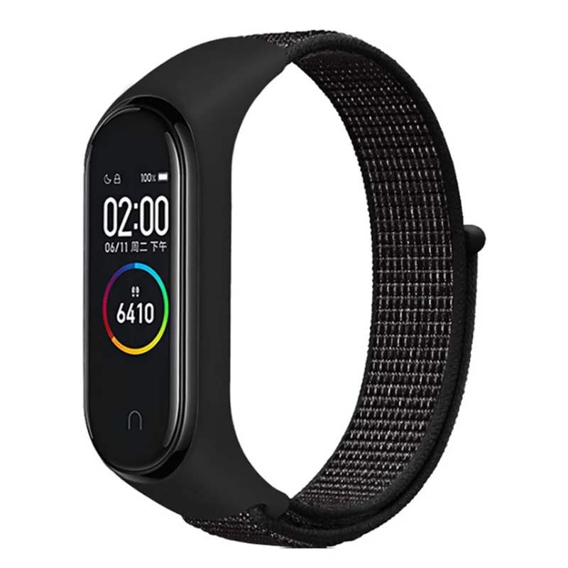 For Xiaomi Mi Band 3 / 4 / 5 / 6 / 7 Nylon Watch Band Adjustable Sport Loop Strap Wristband Replacement - Reflective Black