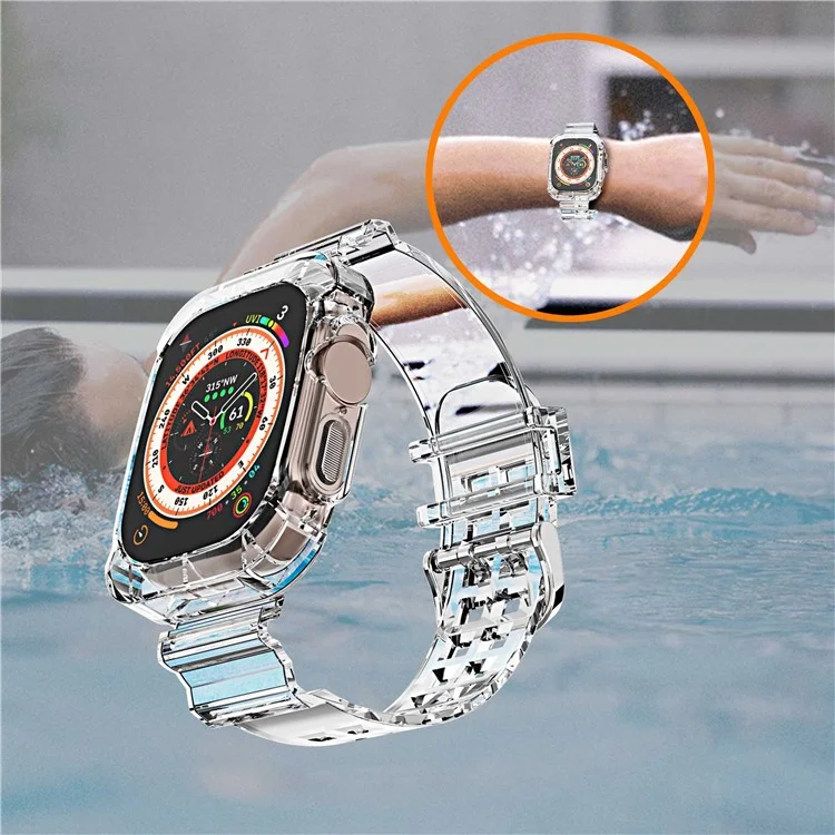 Para Apple Watch Ultra 49mm Dos Filas de Agujeros Banda de Reloj Inteligente de TPU de Repuesto Pulsera Integrada con la Caja del Reloj - Transparente