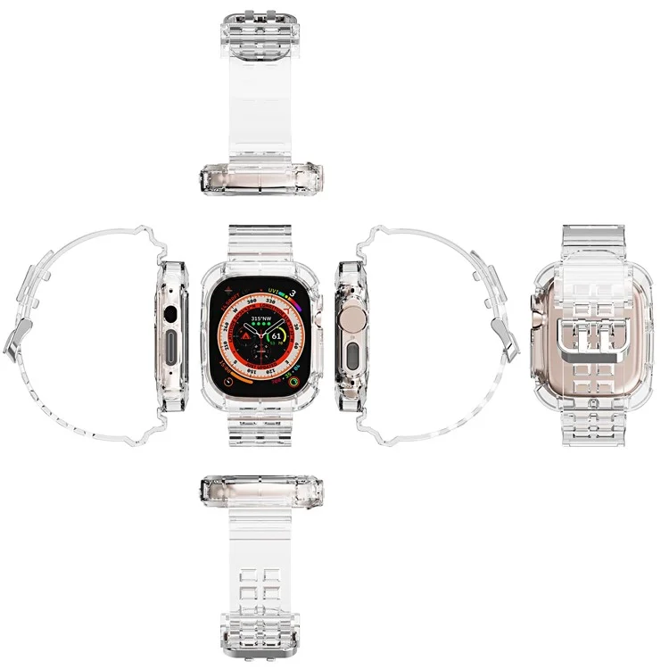 Para Apple Watch Ultra 49mm Dos Filas de Agujeros Banda de Reloj Inteligente de TPU de Repuesto Pulsera Integrada con la Caja del Reloj - Transparente