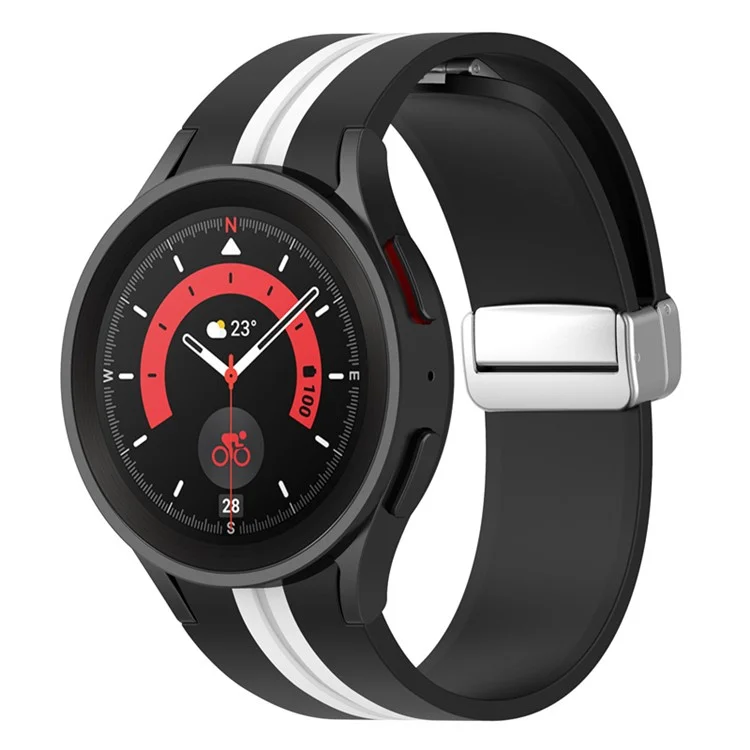 For Samsung Galaxy Watch 5 Pro 45mm Dual Color Silicone Watch Band Wrist Strap Replacement with Silver Magnetic Folding Buckle - Black / White