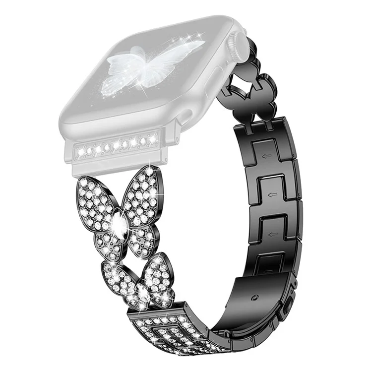 Pour Apple Watch Series 10 42mm / 9 8 7 41mm / 6 5 4 SE SE (2022) SE (2023) 40mm / 3 2 1 38mm Bracelet de montre en métal à dégagement rapide Bracelet de montre décoré de strass Papillon - Noir