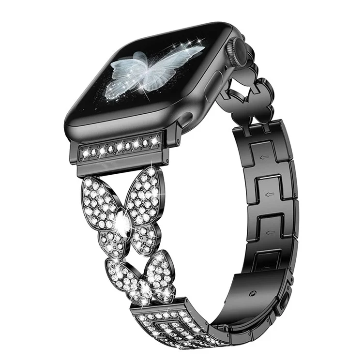 Pour Apple Watch Series 10 42mm / 9 8 7 41mm / 6 5 4 SE SE (2022) SE (2023) 40mm / 3 2 1 38mm Bracelet de montre en métal à dégagement rapide Bracelet de montre décoré de strass Papillon - Noir