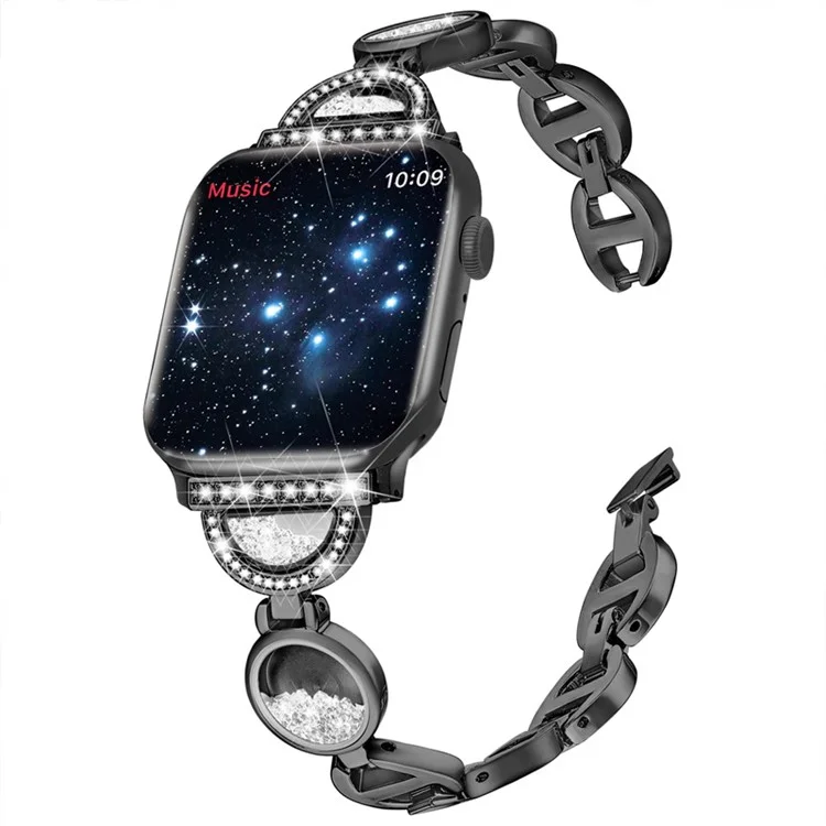 Per Apple Watch Series 10 42mm / 9 8 7 41mm / 6 5 4 SE SE (2022) SE (2023) 40mm / 3 2 1 38mm Cinturino in acciaio inossidabile per orologio con strass e sabbia mobile - Nero