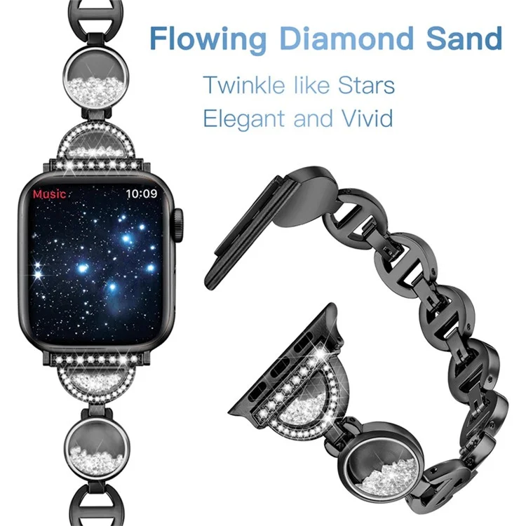 Per Apple Watch Series 10 42mm / 9 8 7 41mm / 6 5 4 SE SE (2022) SE (2023) 40mm / 3 2 1 38mm Cinturino in acciaio inossidabile per orologio con strass e sabbia mobile - Nero