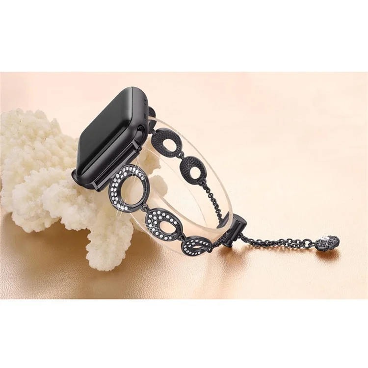 For Apple Watch Series 10 46mm / Ultra 2 Ultra 49mm /  Series 9 8 7 45mm / 6 5 4 SE (2023) SE (2022) SE 44mm / 3 2 1 42mm Metal Bracelet Watch Band Rhinestone Decor Replacement Strap - Black