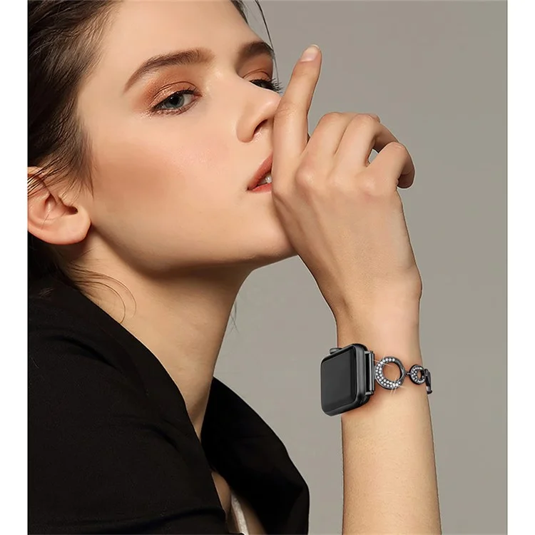 For Apple Watch Series 10 46mm / Ultra 2 Ultra 49mm /  Series 9 8 7 45mm / 6 5 4 SE (2023) SE (2022) SE 44mm / 3 2 1 42mm Metal Bracelet Watch Band Rhinestone Decor Replacement Strap - Black