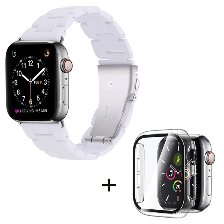 For Apple Watch Series 6 / 5 / 4 / SE / SE (2022) 44mm 3 Beads Resin Watch Band Stainless Steel Folding Clasp Strap with Transparent Watch Case - White