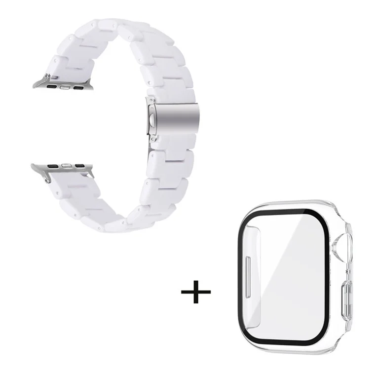 For Apple Watch Series 6 / 5 / 4 / SE / SE (2022) 44mm 3 Beads Resin Watch Band Stainless Steel Folding Clasp Strap with Transparent Watch Case - White