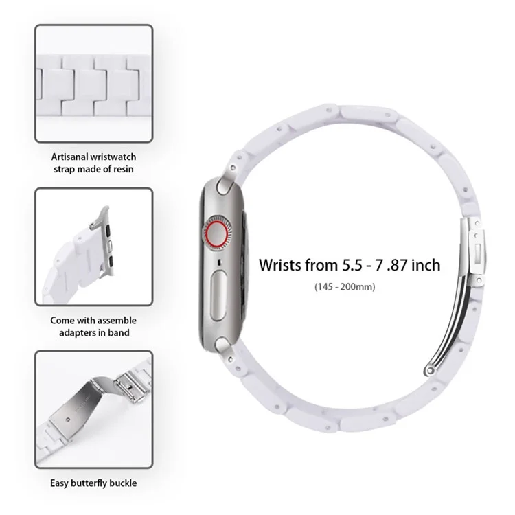 For Apple Watch Series 6 / 5 / 4 / SE / SE (2022) 44mm 3 Beads Resin Watch Band Stainless Steel Folding Clasp Strap with Transparent Watch Case - White