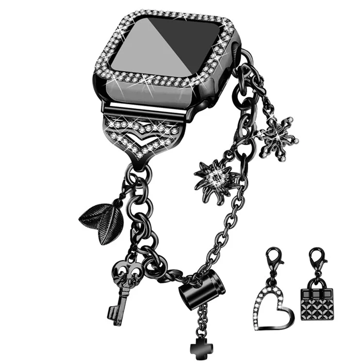 Pour Apple Watch Series 8 / 7 45mm Pendant Bracelet Watch Band Rhinestone Decor Strap Replacement with Hard PC Hollow-out Watch Case - Noir