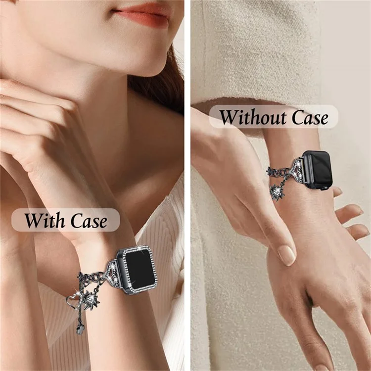 Pour Apple Watch Series 8 / 7 45mm Pendant Bracelet Watch Band Rhinestone Decor Strap Replacement with Hard PC Hollow-out Watch Case - Noir