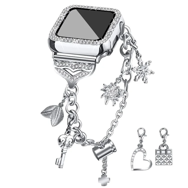 For Apple Watch Series 3 / 2 / 1 42mm Metal Watch Band Bracelet with Hollow PC Frame Rhinestone Decor Pendant Wristband Strap - Silver