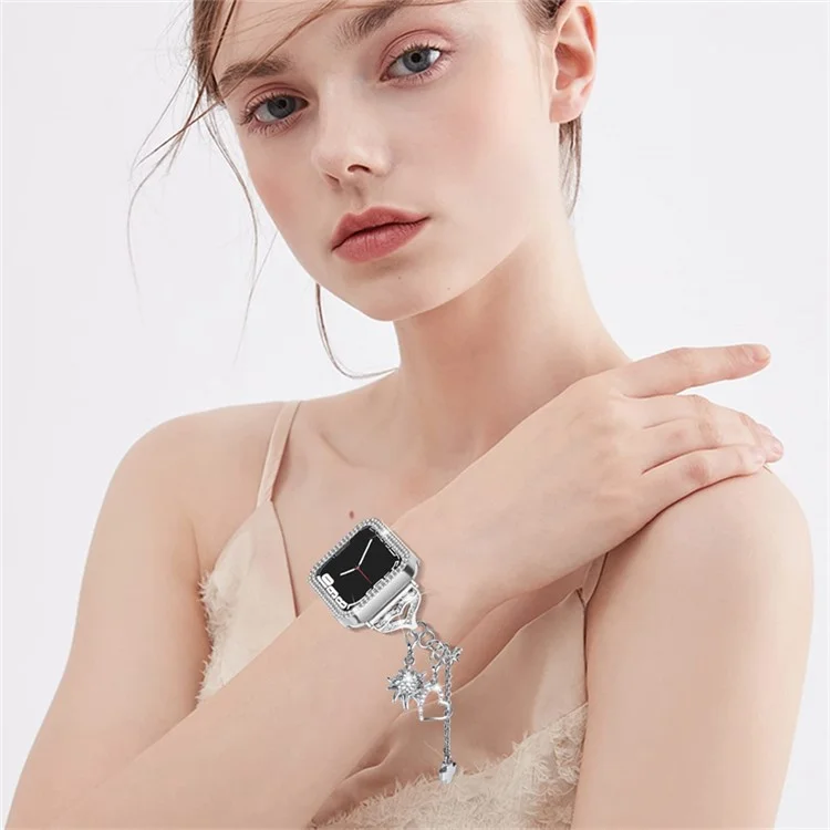 For Apple Watch Series 3 / 2 / 1 42mm Metal Watch Band Bracelet with Hollow PC Frame Rhinestone Decor Pendant Wristband Strap - Silver