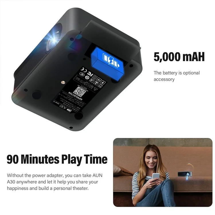 AUN MINI A30 480P Proyector Portátil 2.4G / 5G WiFi Cell Airplay Miracast Cine en Casa LED Video Proyector - Enchufe de la ue