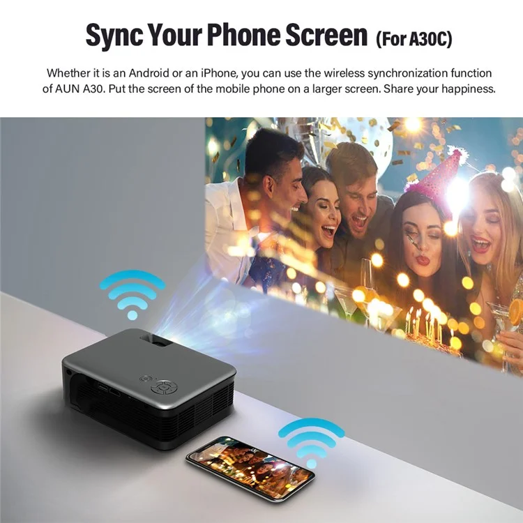 AUN MINI A30 480P Proyector Portátil 2.4G / 5G WiFi Cell Airplay Miracast Cine en Casa LED Video Proyector - Enchufe de la ue