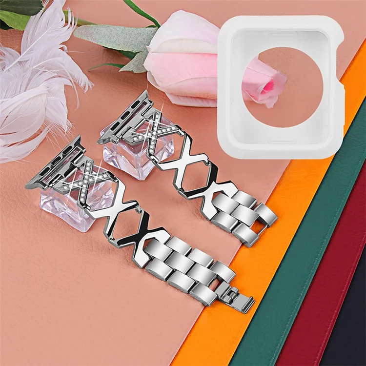 For Apple Watch Series 3 / 2 / 1 42mm X-Shape Rhinestones Decor Hollow Stainless Steel Wrist Strap + White TPU Watch Case - Silver