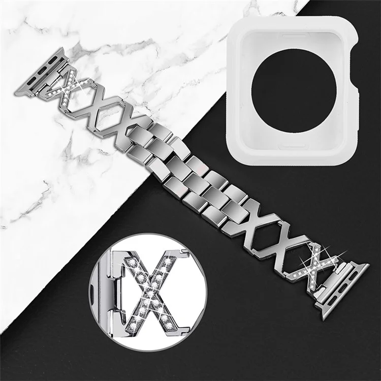 For Apple Watch Series 3 / 2 / 1 42mm X-Shape Rhinestones Decor Hollow Stainless Steel Wrist Strap + White TPU Watch Case - Silver