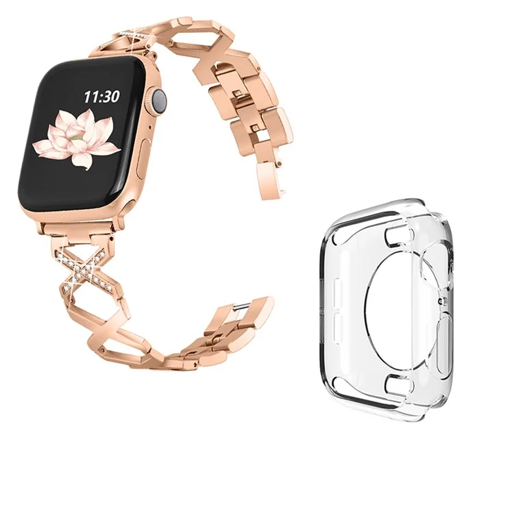 For Apple Watch Series 3 / 2 / 1 42mm Hollow X-Shape Shiny Rhinestones Decor Stainless Steel Strap + Transparent TPU Anti-Scratch Watch Case - Rose Gold