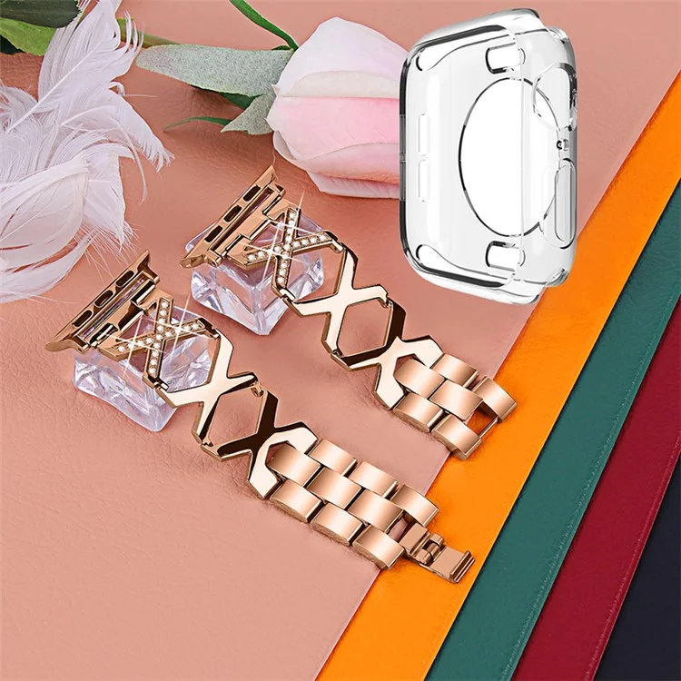 For Apple Watch Series 3 / 2 / 1 42mm Hollow X-Shape Shiny Rhinestones Decor Stainless Steel Strap + Transparent TPU Anti-Scratch Watch Case - Rose Gold