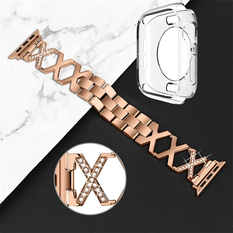 For Apple Watch Series 3 / 2 / 1 42mm Hollow X-Shape Shiny Rhinestones Decor Stainless Steel Strap + Transparent TPU Anti-Scratch Watch Case - Rose Gold