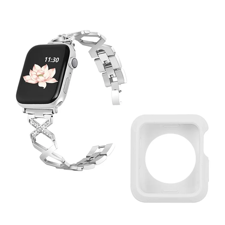 Per Apple Watch Series 3 / 2 / 1 38mm Decorazione con Strass Decoro Cavo a Forma di X in Acciaio Inossidabile Cinturino + Custodia Anti-caduta in TPU Bianco - Argento
