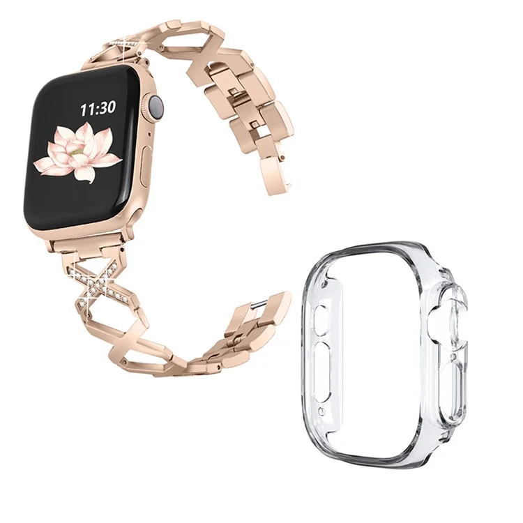 Pour Apple Watch Ultra 49 mm Decor Decor Band Watch Band Bracelet en Acier Inoxydable en Forme de x Avec Cadre de Pare-chocs de Montre Transparent - or