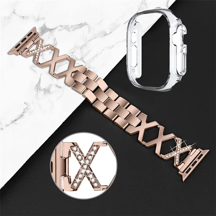 Pour Apple Watch Ultra 49 mm Decor Decor Band Watch Band Bracelet en Acier Inoxydable en Forme de x Avec Cadre de Pare-chocs de Montre Transparent - or