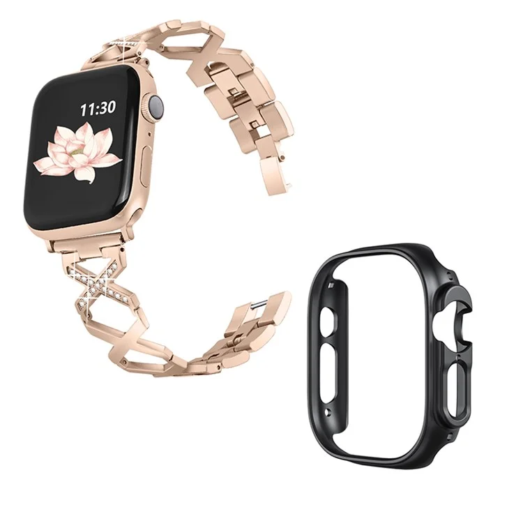 Pulseira de Relógio X Strass para Apple Watch Ultra 49mm - Bracelete de Aço Inoxidável com Capa de Proteção Preta - Dourado