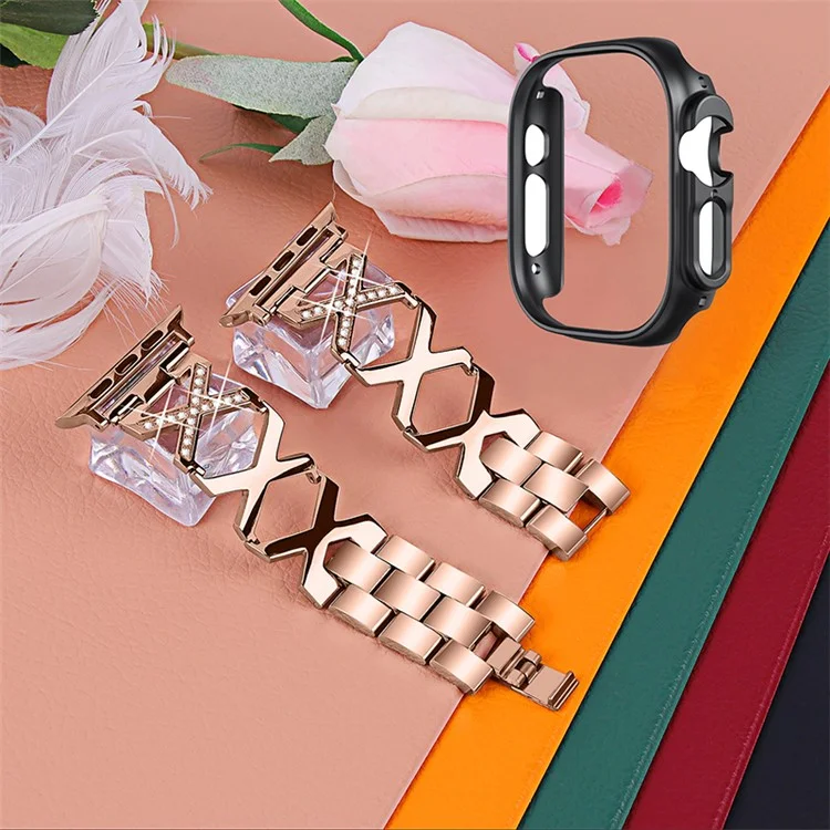 Pulseira de Relógio X Strass para Apple Watch Ultra 49mm - Bracelete de Aço Inoxidável com Capa de Proteção Preta - Dourado