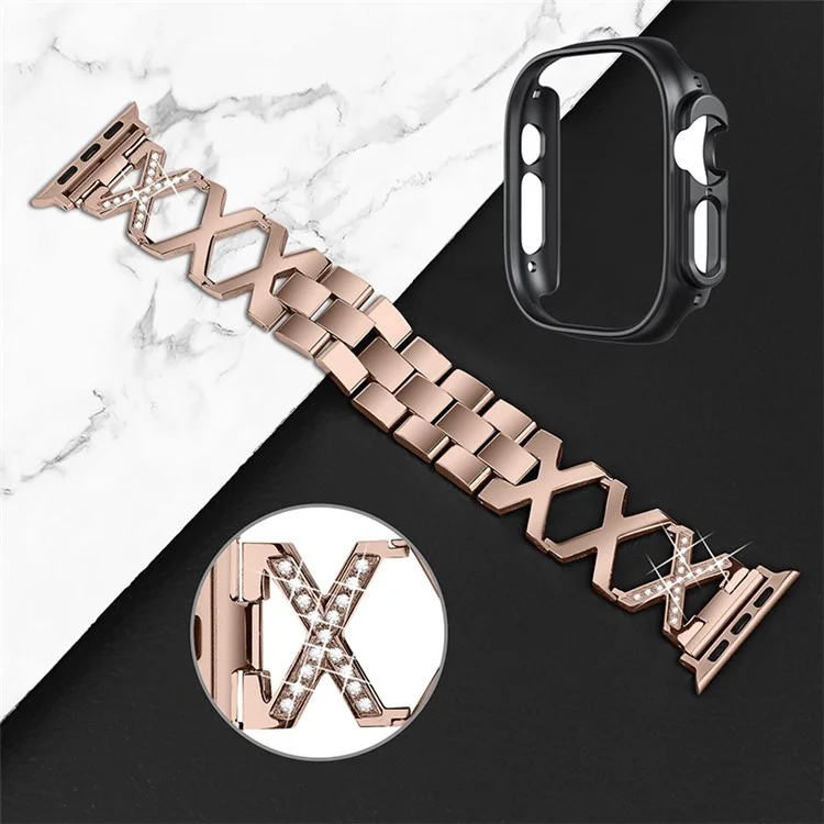 Pulseira de Relógio X Strass para Apple Watch Ultra 49mm - Bracelete de Aço Inoxidável com Capa de Proteção Preta - Dourado