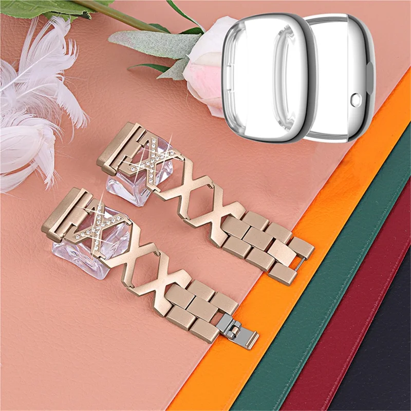 For Fitbit Versa 3 / Sense Rhinestone Decor X-shaped Watch Band Strap Bracelet Replacement with Silver All-round Protection TPU Watch Case - Gold