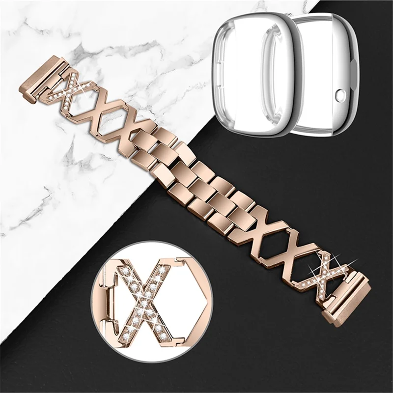 For Fitbit Versa 3 / Sense Rhinestone Decor X-shaped Watch Band Strap Bracelet Replacement with Silver All-round Protection TPU Watch Case - Gold