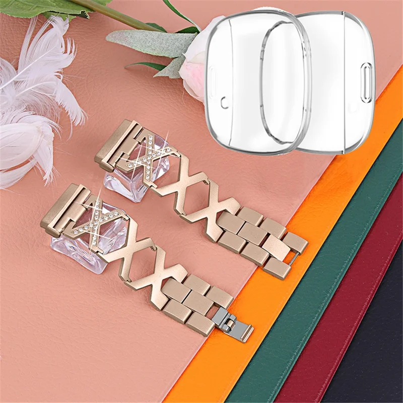 For Fitbit Versa 3 / Sense X-shaped Hollow Watch Band Rhinestone Decor Bracelet Strap with Full Cover Transparent TPU Watch Case - Gold