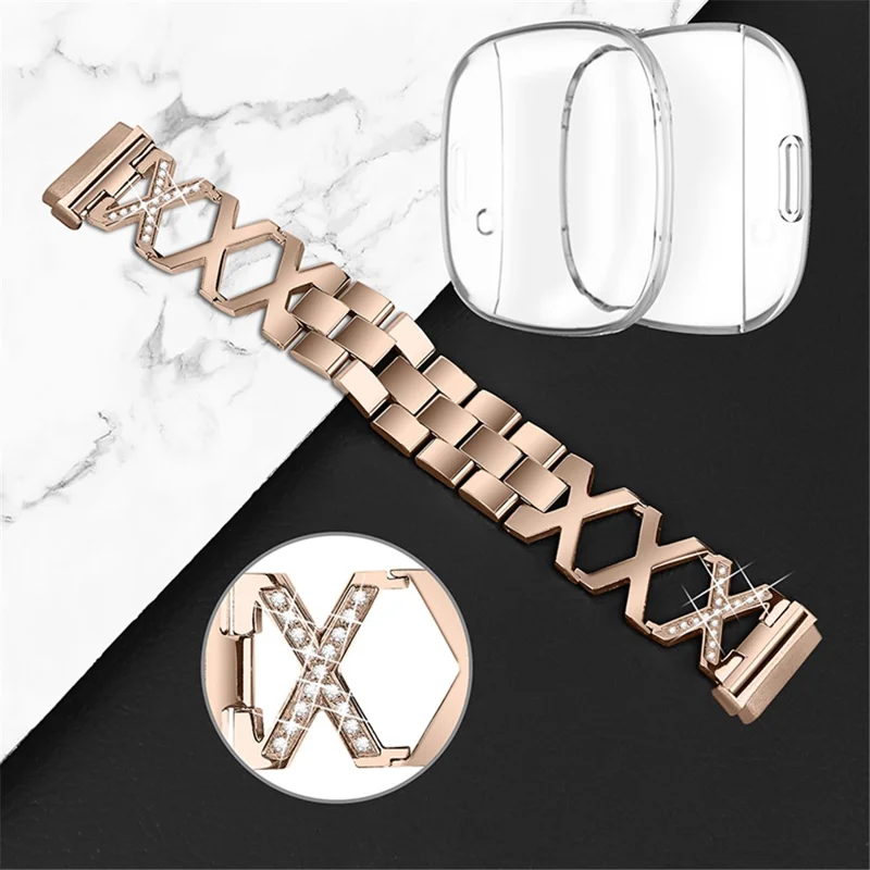 For Fitbit Versa 3 / Sense X-shaped Hollow Watch Band Rhinestone Decor Bracelet Strap with Full Cover Transparent TPU Watch Case - Gold