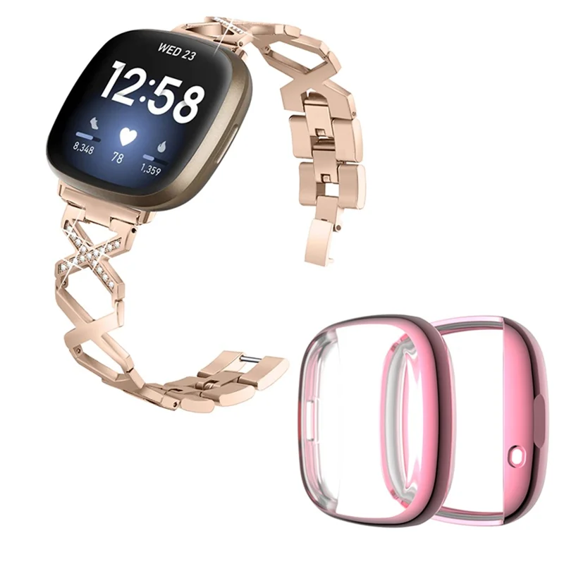 Pour Fitbit Versa 3 / Décor Sens Rhinatone Décord x Strape de Trape de Remplacement de Remplacement de Rose Rose Rose Coviage Fulle TPU Watch Case - or