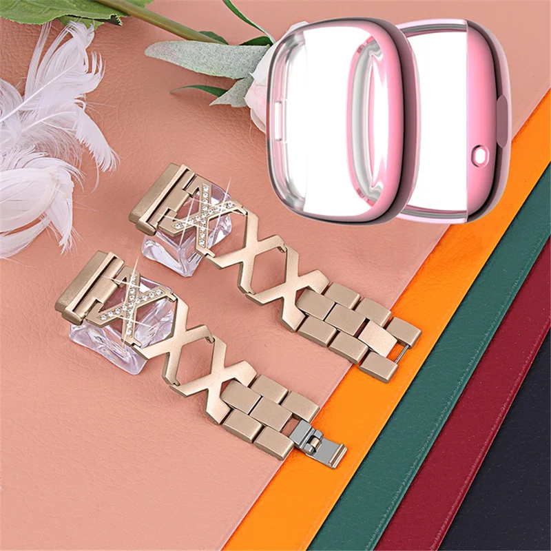 Pour Fitbit Versa 3 / Décor Sens Rhinatone Décord x Strape de Trape de Remplacement de Remplacement de Rose Rose Rose Coviage Fulle TPU Watch Case - or
