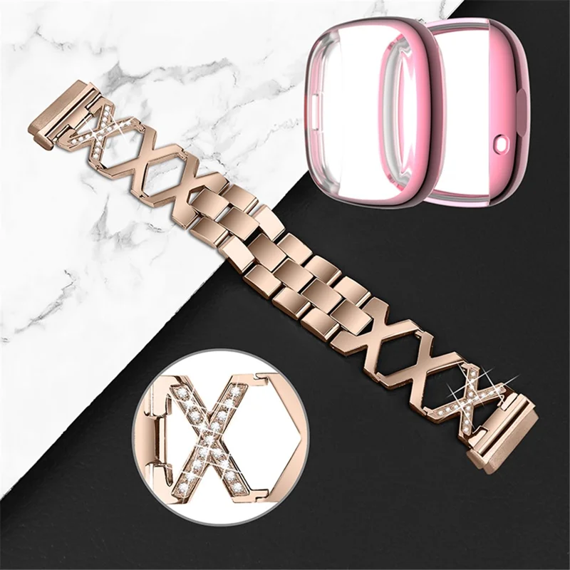 Pour Fitbit Versa 3 / Décor Sens Rhinatone Décord x Strape de Trape de Remplacement de Remplacement de Rose Rose Rose Coviage Fulle TPU Watch Case - or