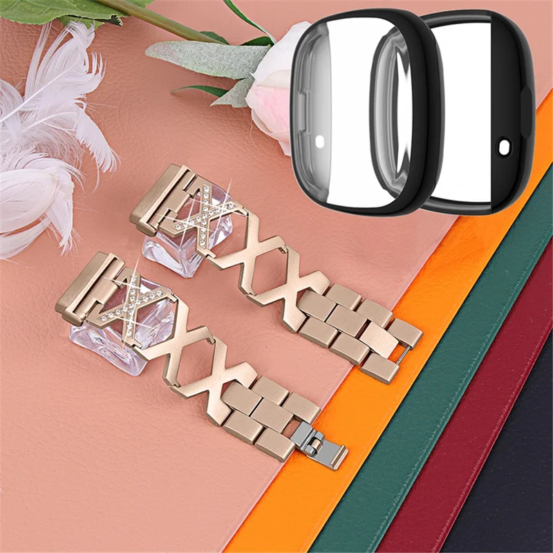 For Fitbit Versa 3 / Sense Replacement Watch Strap X-shaped Hollow Rhinestone Decor Wristband Bracelet with Black Full Protection TPU Watch Case - Gold