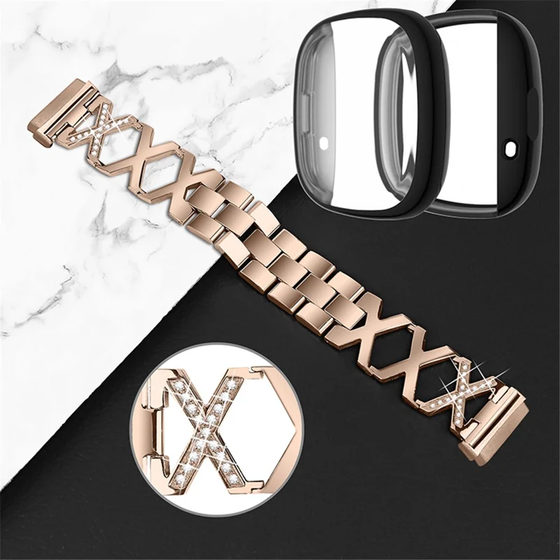 For Fitbit Versa 3 / Sense Replacement Watch Strap X-shaped Hollow Rhinestone Decor Wristband Bracelet with Black Full Protection TPU Watch Case - Gold