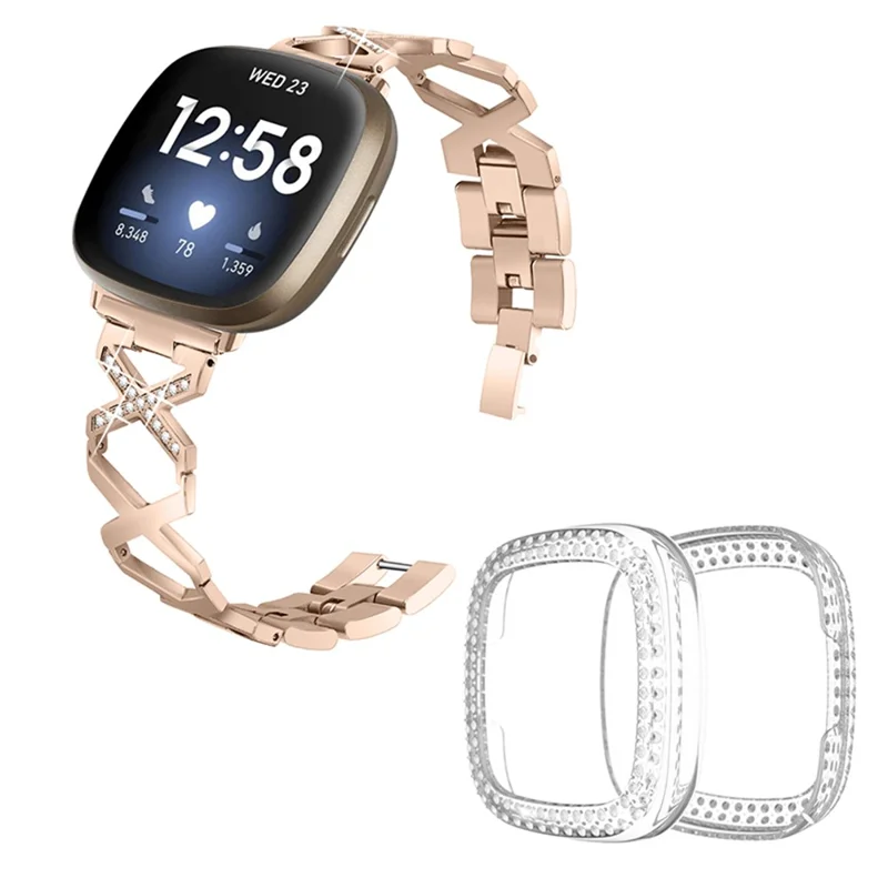 Per Fitbit Versa 3 / Sense X-Shape Design Bracciale in Acciaio in Acciaio Bracciale Cnocchia di Polso + Rinastoni a Due Righe Trasparente Case di Orologio Anti-scratch - Oro