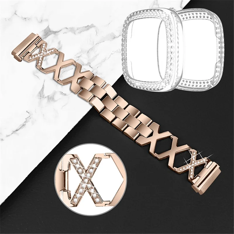 Per Fitbit Versa 3 / Sense X-Shape Design Bracciale in Acciaio in Acciaio Bracciale Cnocchia di Polso + Rinastoni a Due Righe Trasparente Case di Orologio Anti-scratch - Oro