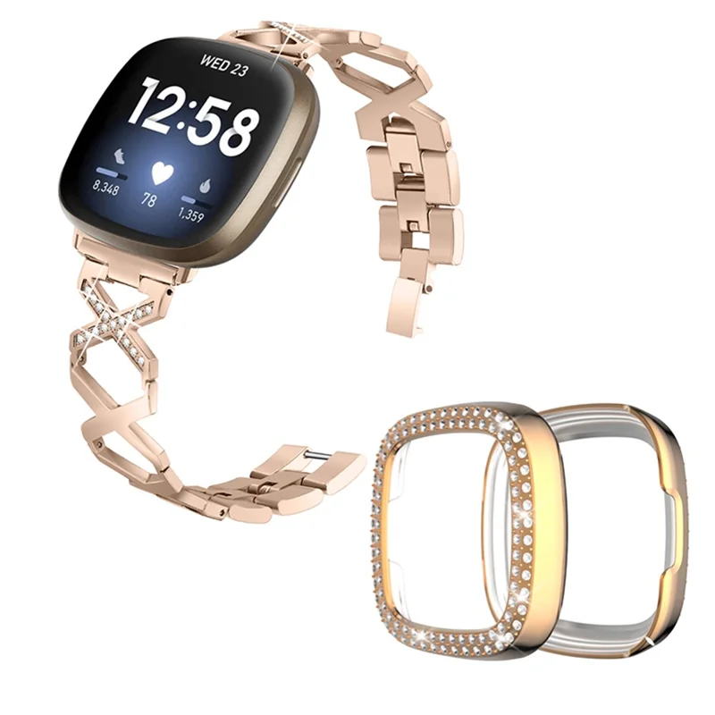 Per Fitbit Versa 3 / Sense Stylish X-Shape Design Cinturino in Acciaio Inossidabile Smartwatch + Custodia Protettiva con Due File di Cristalli - Oro