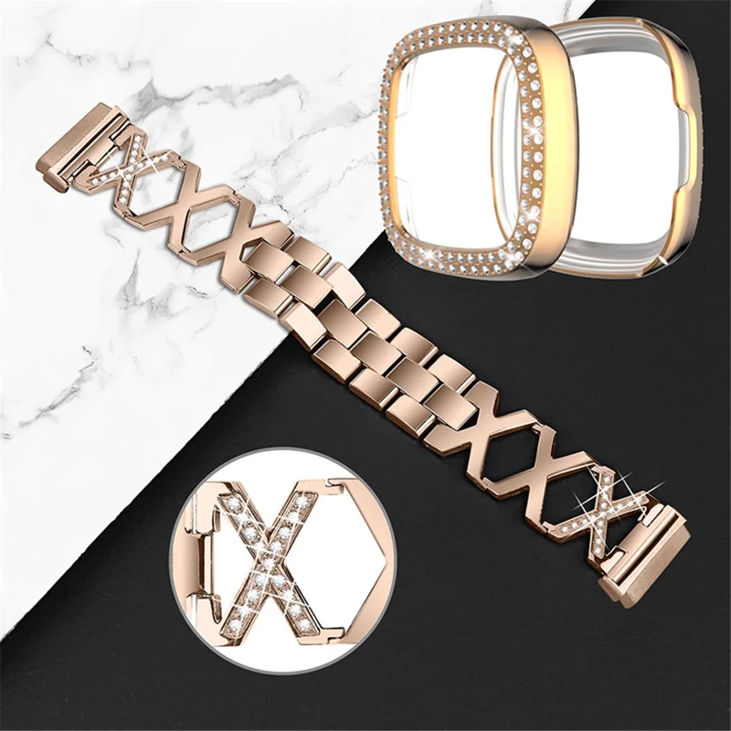 Per Fitbit Versa 3 / Sense Stylish X-Shape Design Cinturino in Acciaio Inossidabile Smartwatch + Custodia Protettiva con Due File di Cristalli - Oro