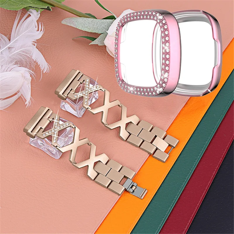 Per Fitbit Versa 3 / Sense X-Shape Design Smartwatch Bracciale in Acciaio Inossidabile Bracciale in Acciaio Inossidabile + Rose Rose Pink Watch Case - Oro