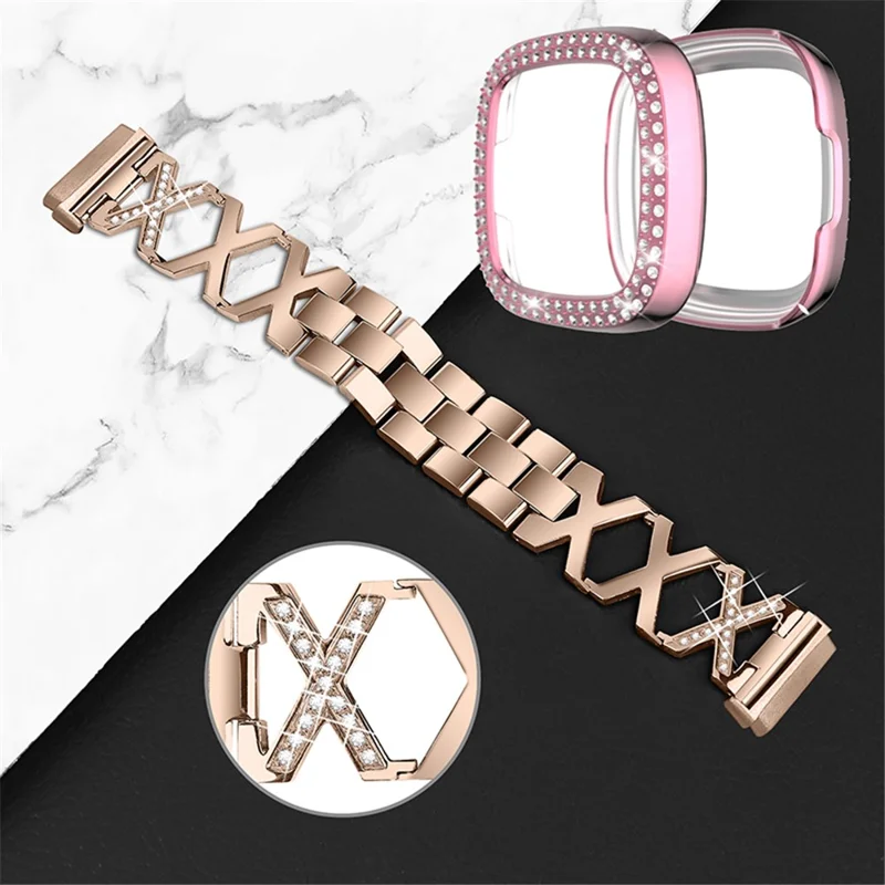 Per Fitbit Versa 3 / Sense X-Shape Design Smartwatch Bracciale in Acciaio Inossidabile Bracciale in Acciaio Inossidabile + Rose Rose Pink Watch Case - Oro