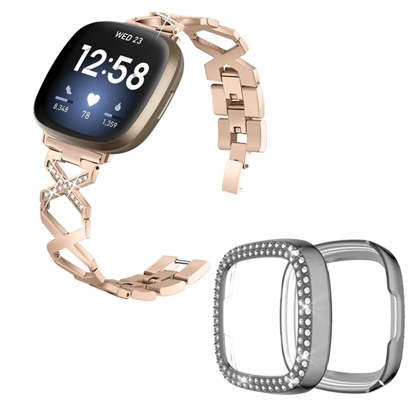 Per Fitbit Versa 3 / Sense X-Shape Design Bracciale in Acciaio Inossidabile Strap di Sostituzione Del Braccialetto + Rinastone a Due Fili Grey Watch Protective Case - Oro
